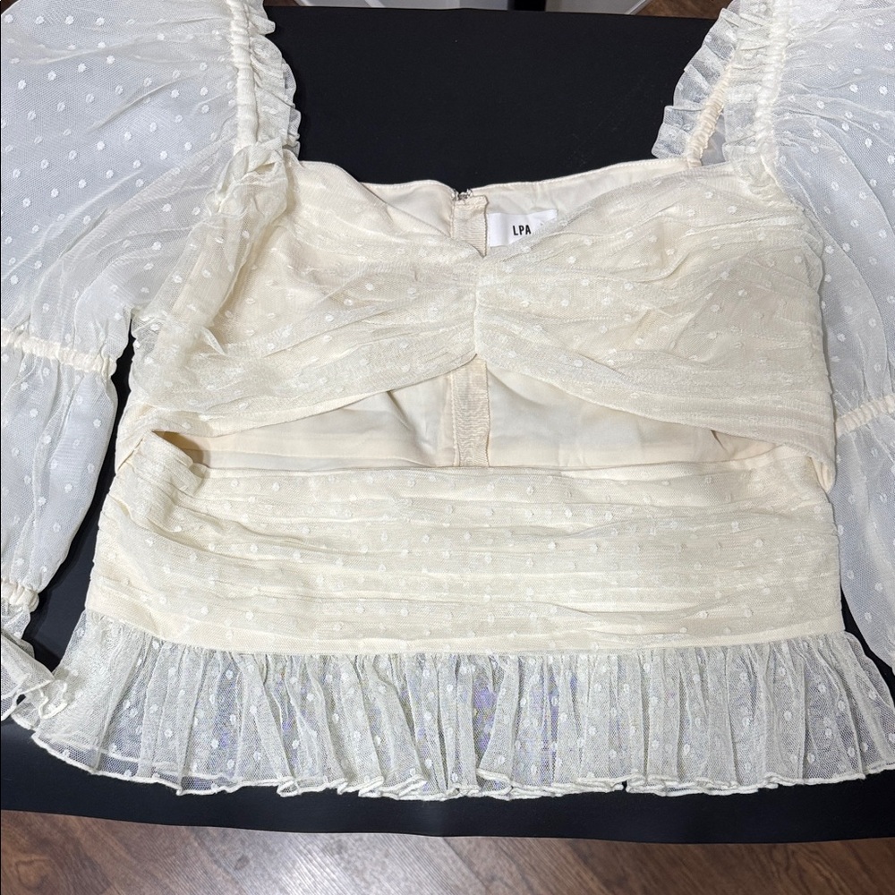 LPA Cream Sheer Blouse with Ruffle Detail Open Front Size Large